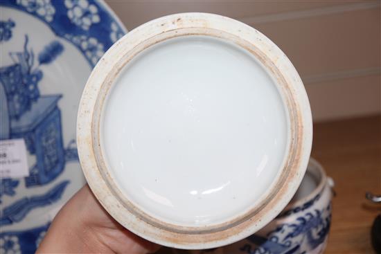 A 19th century Chinese blue and white kamcheng and a similar Hundred Antiques dish